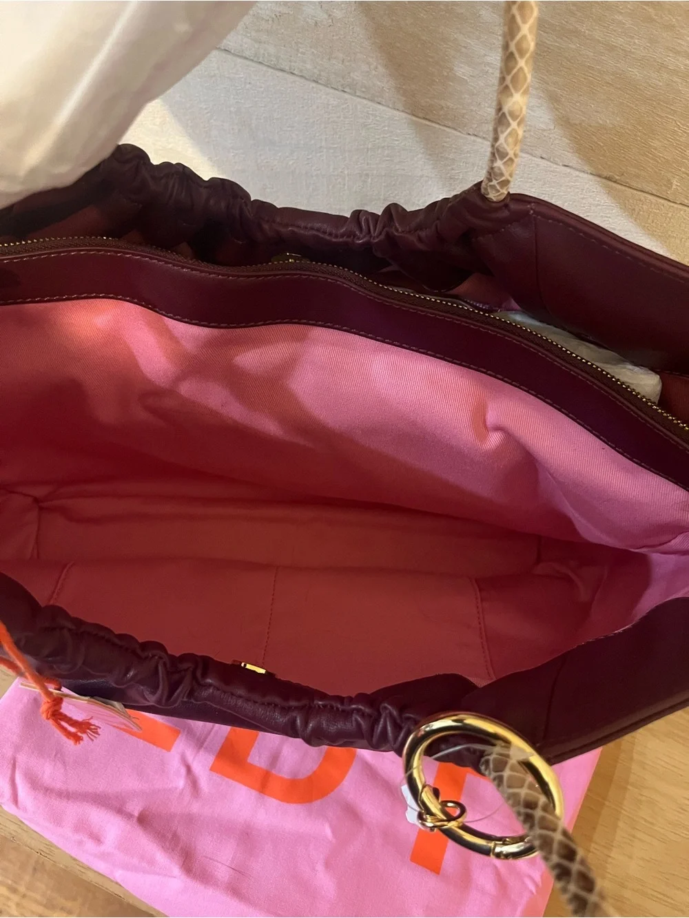 LDT Burgundy Hobo Tote with Braided Snakeskin Cream Handles NWT